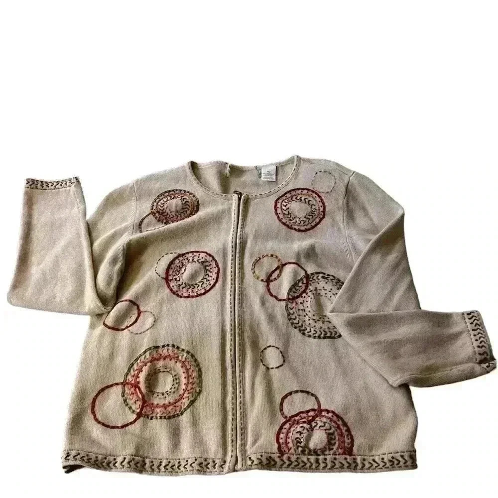 ALFRED DUNNER Beige Vintage Cardigan Gold‎ SWIRL Sweater Zip-Up Womens Sz PS